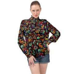 Cartoon Monster Pattern Abstract Background High Neck Long Sleeve Chiffon Top by Semog4