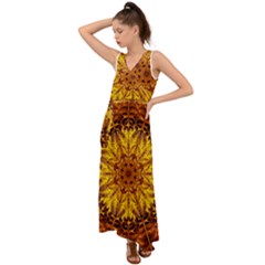 Abstract Gold Mandala Yellow V-neck Chiffon Maxi Dress by Semog4