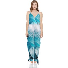 Tsunami Big Blue Wave Ocean Waves Water Sleeveless Tie Ankle Chiffon Jumpsuit by Semog4