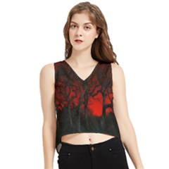 Dark Forest Jungle Plant Black Red Tree V-neck Cropped Tank Top by Semog4