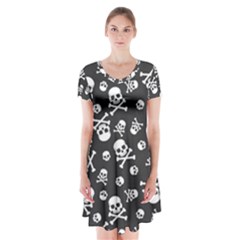 Skull-crossbones-seamless-pattern-holiday-halloween-wallpaper-wrapping-packing-backdrop Short Sleeve V-neck Flare Dress by Ravend