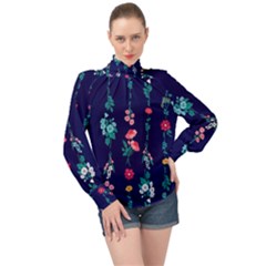 Flowers Pattern Bouquets Colorful High Neck Long Sleeve Chiffon Top by Semog4