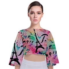 From Paris Abstract Art Pattern Tie Back Butterfly Sleeve Chiffon Top by Semog4