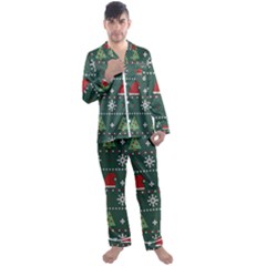 Beautiful Knitted Christmas Pattern Men s Long Sleeve Satin Pajamas Set by Semog4