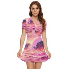 Wave Waves Ocean Sea V-neck High Waist Chiffon Mini Dress by Ravend