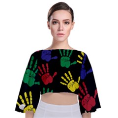 Handprints-hand-print-colourful Tie Back Butterfly Sleeve Chiffon Top by Semog4