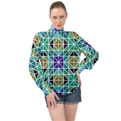 Mosaic-triangle-symmetry- High Neck Long Sleeve Chiffon Top by Semog4