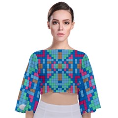 Checkerboard-squares-abstract Tie Back Butterfly Sleeve Chiffon Top by Semog4