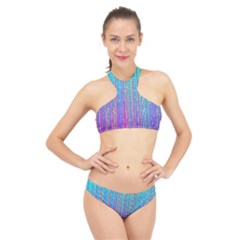 Blue Magenta Speckles Line High Neck Bikini Set by Semog4