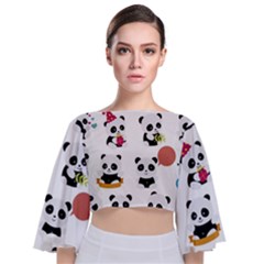 Playing Pandas Cartoons Tie Back Butterfly Sleeve Chiffon Top by Semog4