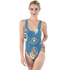 Seamless Pattern Funny Astronaut Outer Space Transportation High Leg Strappy Swimsuit by Semog4