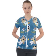 Seamless Pattern Funny Astronaut Outer Space Transportation Short Sleeve Zip Up Jacket by Semog4