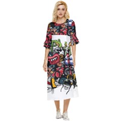 Mural Graffiti Paint Double Cuff Midi Dress by Salman4z