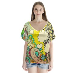Doodle Wallpaper Artistic Surreal V-neck Flutter Sleeve Top by Salman4z
