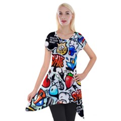 Graffiti Art Cartoon Comic Short Sleeve Side Drop Tunic by Salman4z