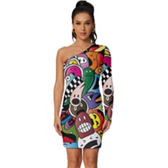 Cartoon Explosion Cartoon Characters Funny Long Sleeve One Shoulder Mini Dress by Salman4z