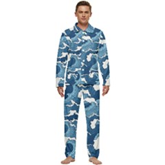 Waves Aesthetics Illustration Japanese Men s Long Sleeve Velvet Pocket Pajamas Set by Salman4z