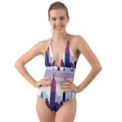 New York Skyline Cityscape Nyc New York City Landmark Halter Cut-out One Piece Swimsuit