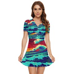 Tsunami Waves Ocean Sea Nautical Nature Water 9 V-neck High Waist Chiffon Mini Dress by Jancukart