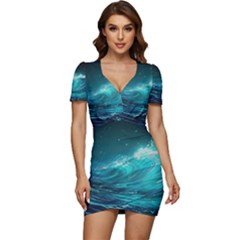 Tsunami Waves Ocean Sea Nautical Nature Water 7 Low Cut Cap Sleeve Mini Dress by Jancukart