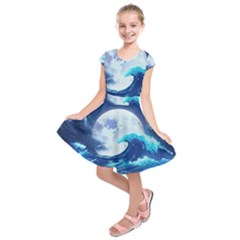 Waves Ocean Sea Tsunami Nautical 7 Kids  Short Sleeve Dress by Jancukart