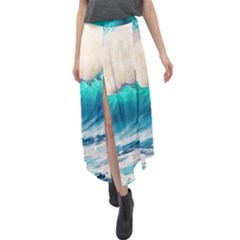 Tsunami Waves Ocean Sea Nautical Nature Water Art Ai Generated Velour Split Maxi Skirt by Jancukart