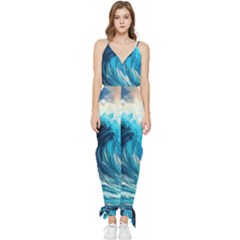 Tsunami Waves Ocean Sea Nautical Nature Water Arts Sleeveless Tie Ankle Chiffon Jumpsuit by Jancukart