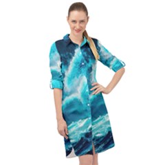 Waves Ocean Sea Tsunami Nautical 3 Long Sleeve Mini Shirt Dress by Jancukart