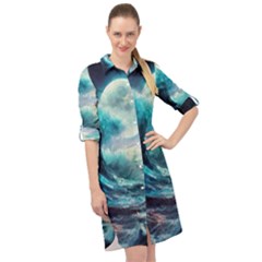 Tsunami Waves Ocean Sea Nautical Nature Water 4 Long Sleeve Mini Shirt Dress by Jancukart