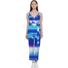 Tsunami Waves Ocean Sea Nautical Nature Water Art Work V-neck Spaghetti Strap Tie Front Jumpsuit by Jancukart