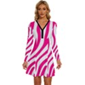 Pink Fucsia Zebra Vibes Animal Print Long Sleeve Deep V Mini Dress  View1