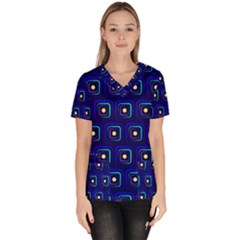 Blue Neon Squares - Modern Abstract Women s V-neck Scrub Top by ConteMonfrey