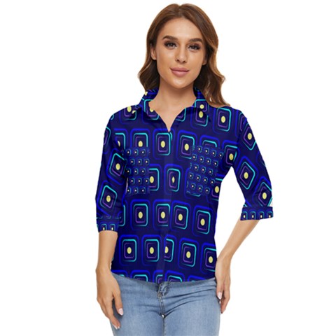 Blue Neon Squares - Modern Abstract Women s Quarter Sleeve Pocket Shirt by ConteMonfrey