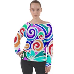 Crazy Pop Art - Doodle Circles   Off Shoulder Long Sleeve Velour Top by ConteMonfrey