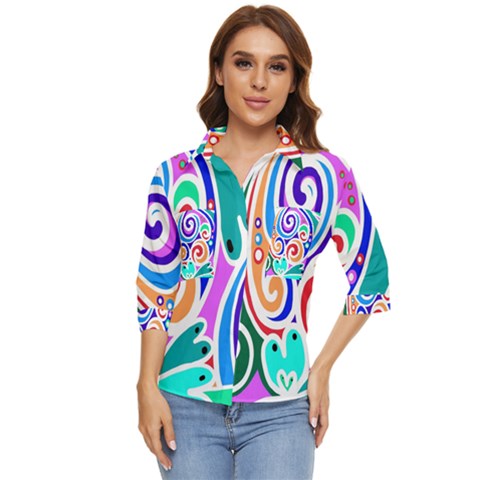 Crazy Pop Art - Doodle Circles   Women s Quarter Sleeve Pocket Shirt by ConteMonfrey