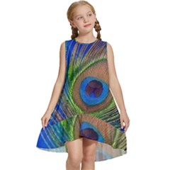 Blue Peacock Feather Kids  Frill Swing Dress by Amaryn4rt