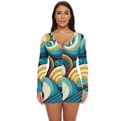 Waves Ocean Sea Abstract Whimsical Abstract Art 6 Long Sleeve Boyleg Swimsuit by Wegoenart