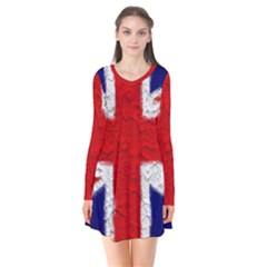Union Jack Flag National Country Long Sleeve V-neck Flare Dress by Celenk