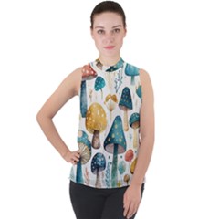 Mushroom Forest Fantasy Flower Nature Mock Neck Chiffon Sleeveless Top by Uceng