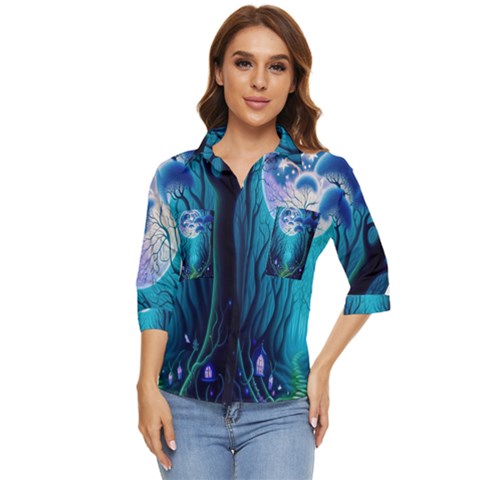 Blue Forrest Jungle,tree Trees Nature Landscape Women s Quarter Sleeve Pocket Shirt by Uceng