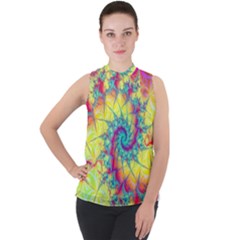 Fractal Spiral Abstract Background Vortex Yellow Mock Neck Chiffon Sleeveless Top by Uceng