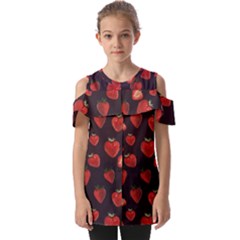 Watercolor Strawberry Fold Over Open Sleeve Top by SychEva