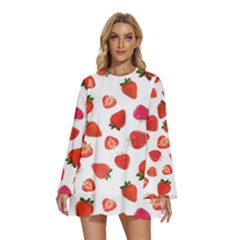 Strawberries Round Neck Long Sleeve Bohemian Style Chiffon Mini Dress by SychEva