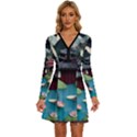 Japanese Garden Flowers Landscape Long Sleeve Deep V Mini Dress  View1