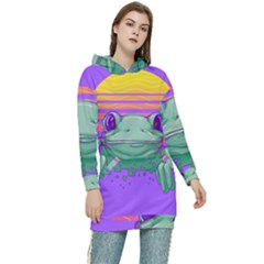 Frog Animal Sun Amphibian Figure Digital Art Women s Long Oversized Pullover Hoodie by Wegoenart