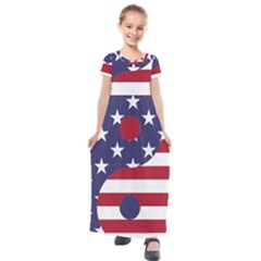 Yang Yin America Flag Abstract Art Asian Balance Kids  Short Sleeve Maxi Dress by Wegoenart