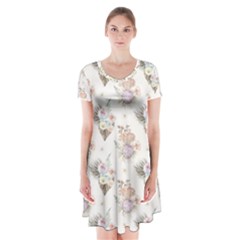 Roses-white Short Sleeve V-neck Flare Dress by nateshop