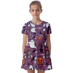 Pumpkin Ghost Witch Hat Halloween Sketch Holiday Kids  Short Sleeve Pinafore Style Dress by Ravend