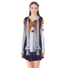 Rocket Space Universe Spaceship Long Sleeve V-neck Flare Dress by Salman4z