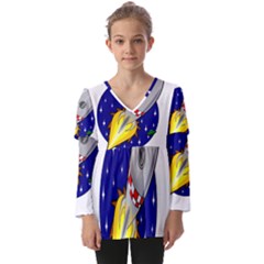 Rocket Ship Launch Vehicle Moon Kids  V Neck Casual Top by Salman4z